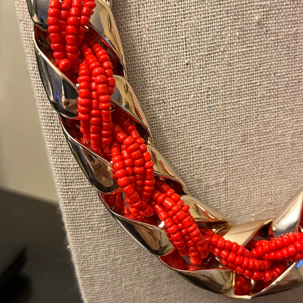 Chunky Gold Chain Red Beaded Statement Necklace Chunky Bib Necklace - Picture 2 of 6